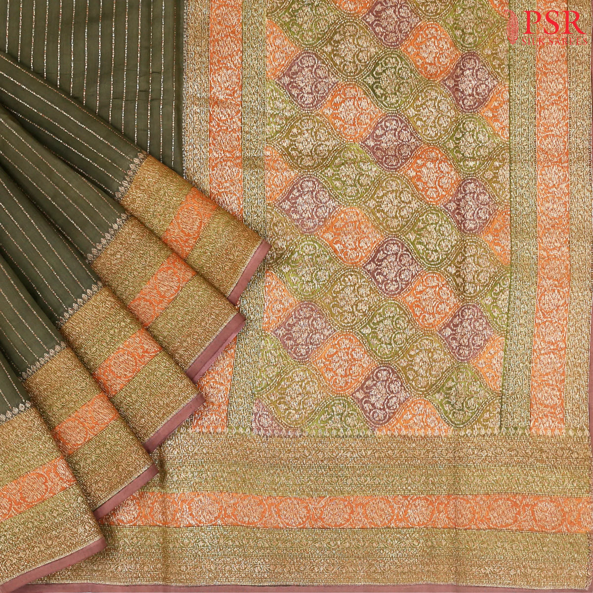 Dark Olive Chiniya Silk Saree