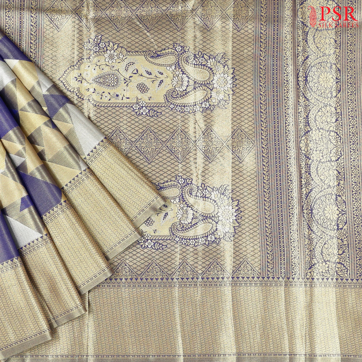 Grey & Dark Blue Silk Tissue Saree