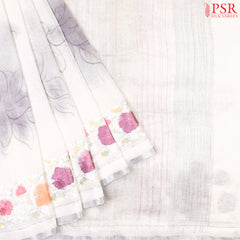 Floral White Pure Linen Embroidery Saree