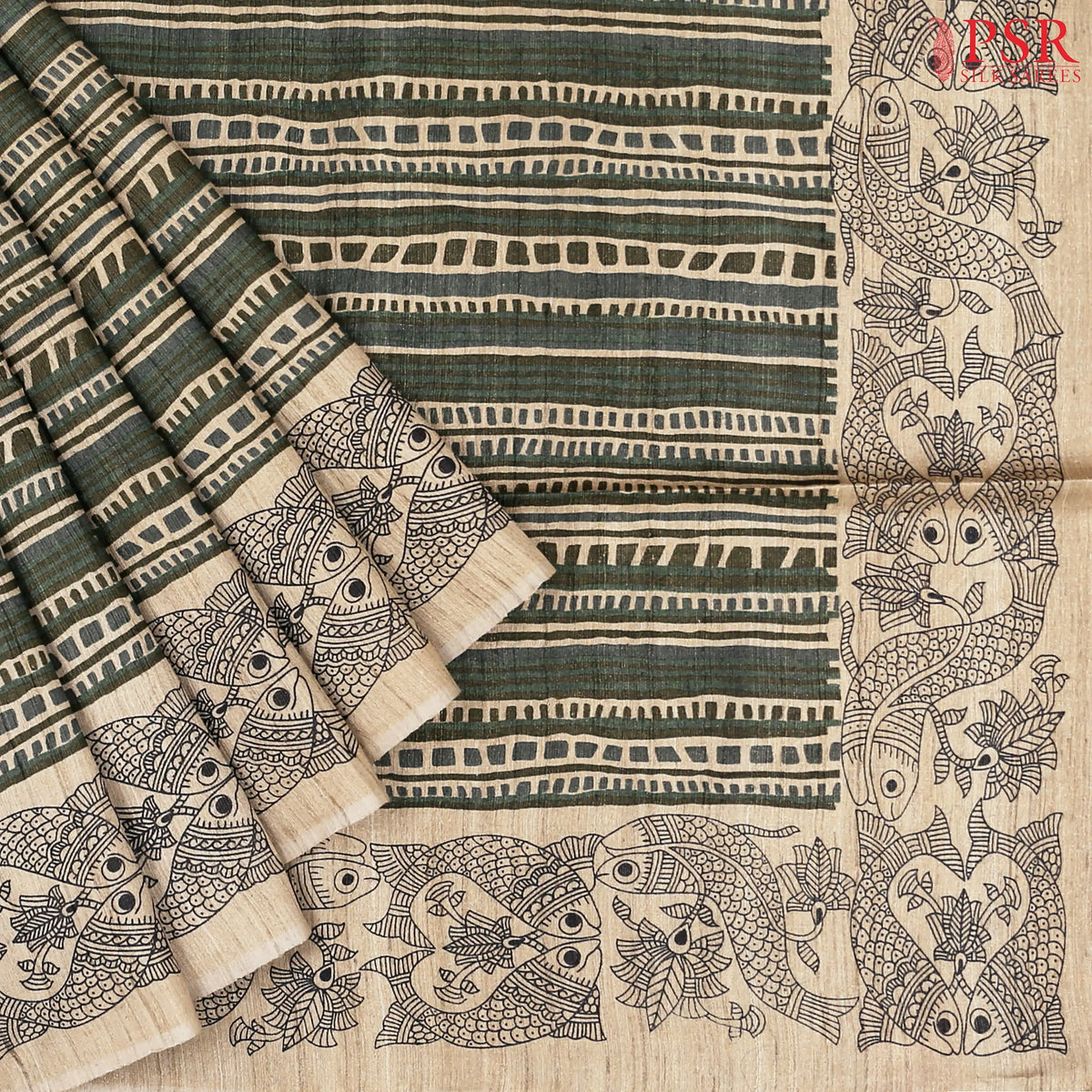 Hazelnut Beige & Dark Moss Green Kadhi Tussar Silk Saree