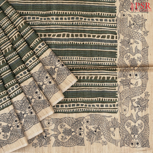 Hazelnut Beige & Dark Moss Green Kadhi Tussar Silk Saree