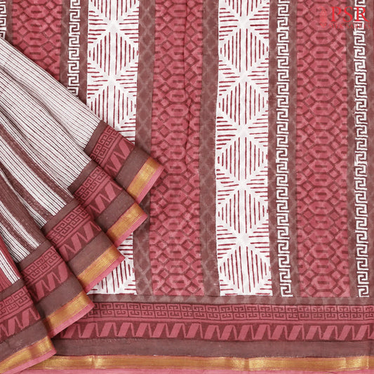 White & Dark Mauve Mul Printed Cotton Saree