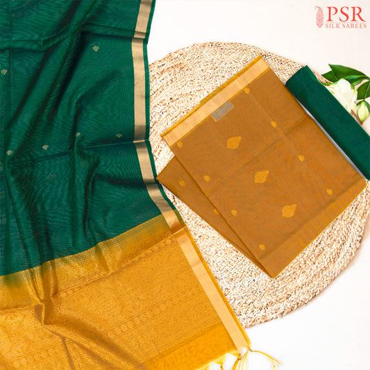 Mustard & Dark Green Silk Cotton Dress Material