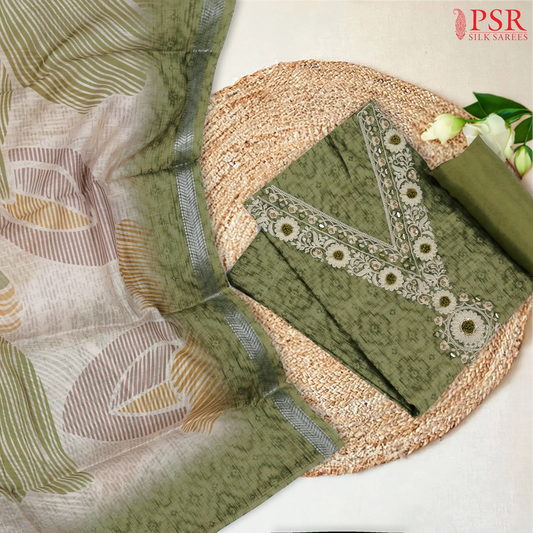Olive Green Semi Tussar Dress Material