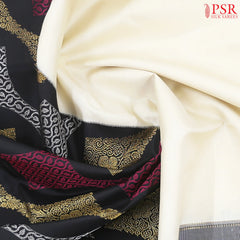 Pearl Beige & Black Kanchipuram Half & Half Silk Saree