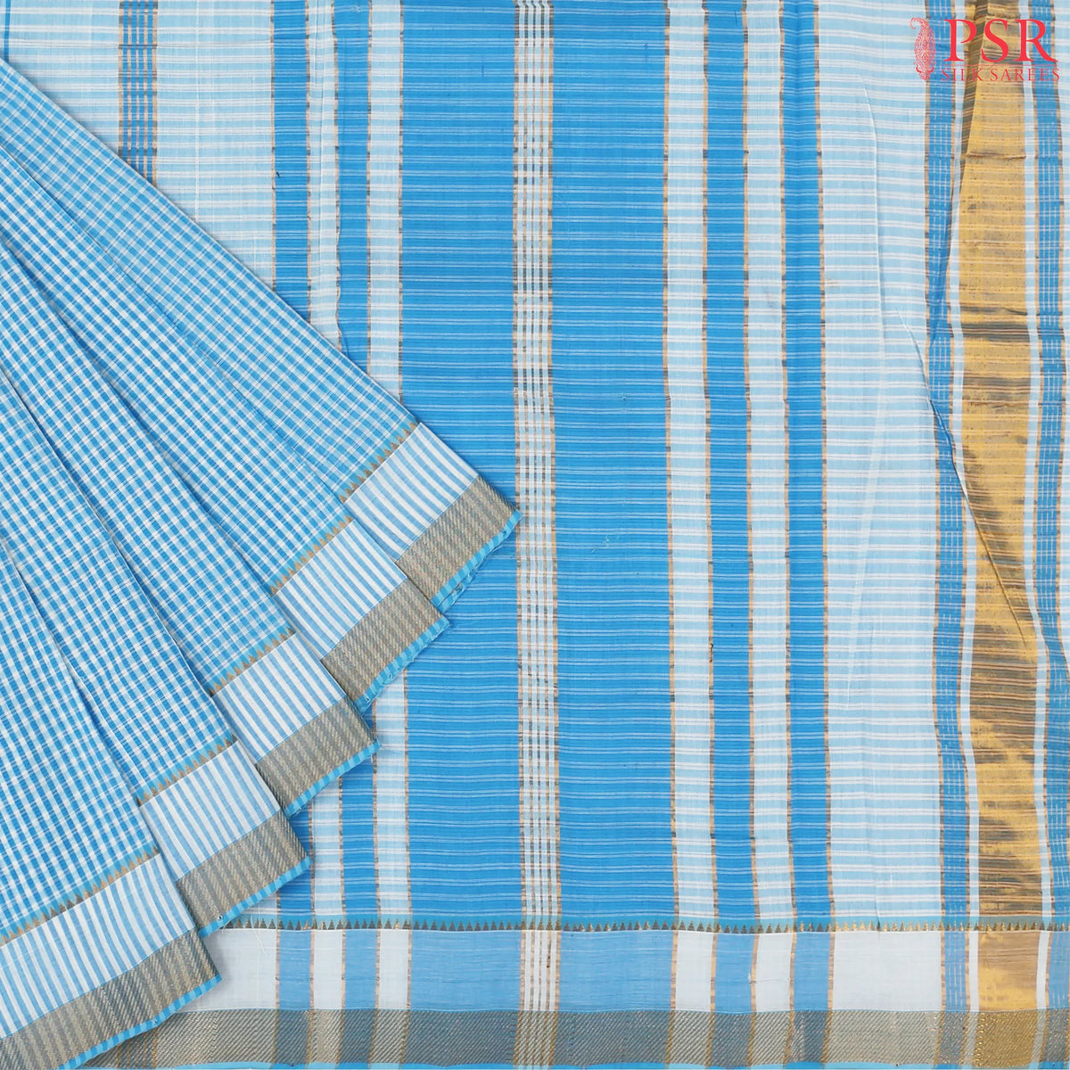 Blue & White Mangalagiri Cotton Saree