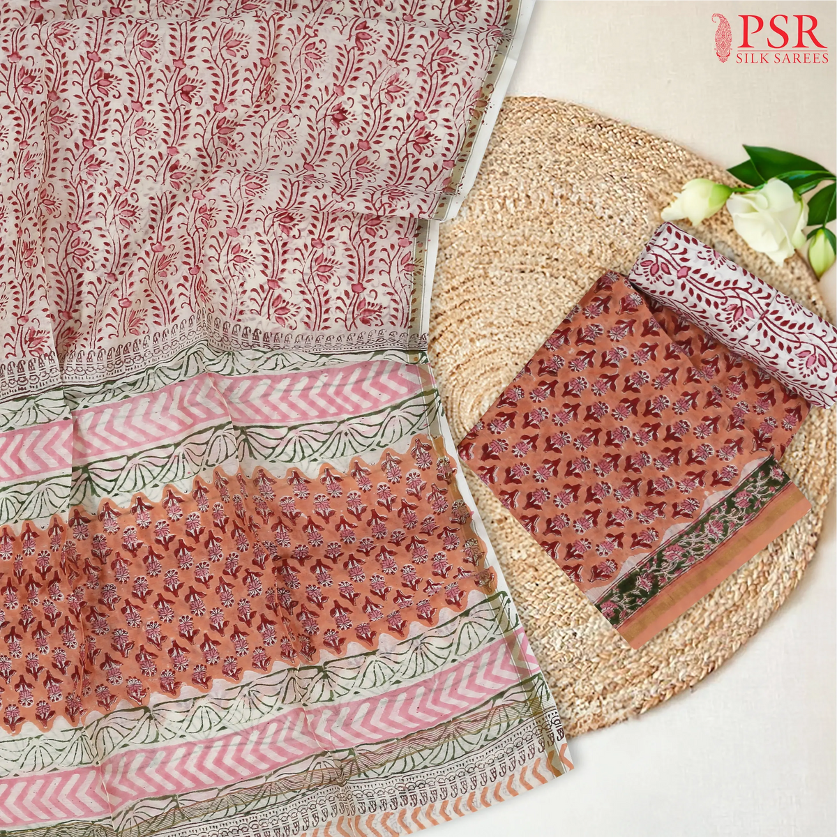 Coral Peach Chanderi Silk Cotton Dress Material