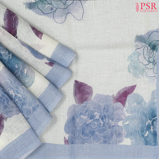 Floral White Linen Saree