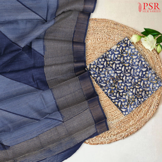 Dark Blue Kadhi Tussar Silk Dress Material