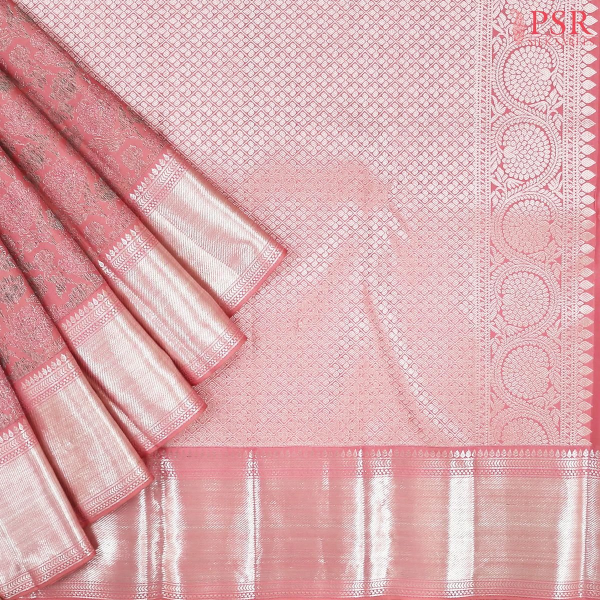 Flamingo Peach Kanchipuram Jacquard Silk Saree