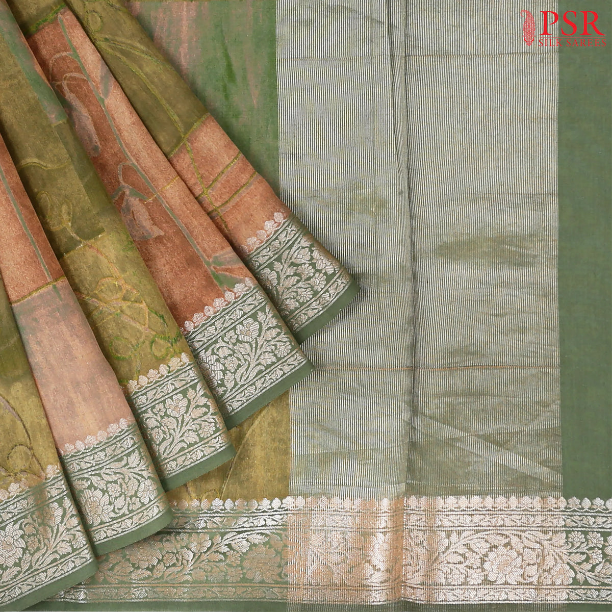 Cider Orange & Olive Green Chiniya Silk Saree