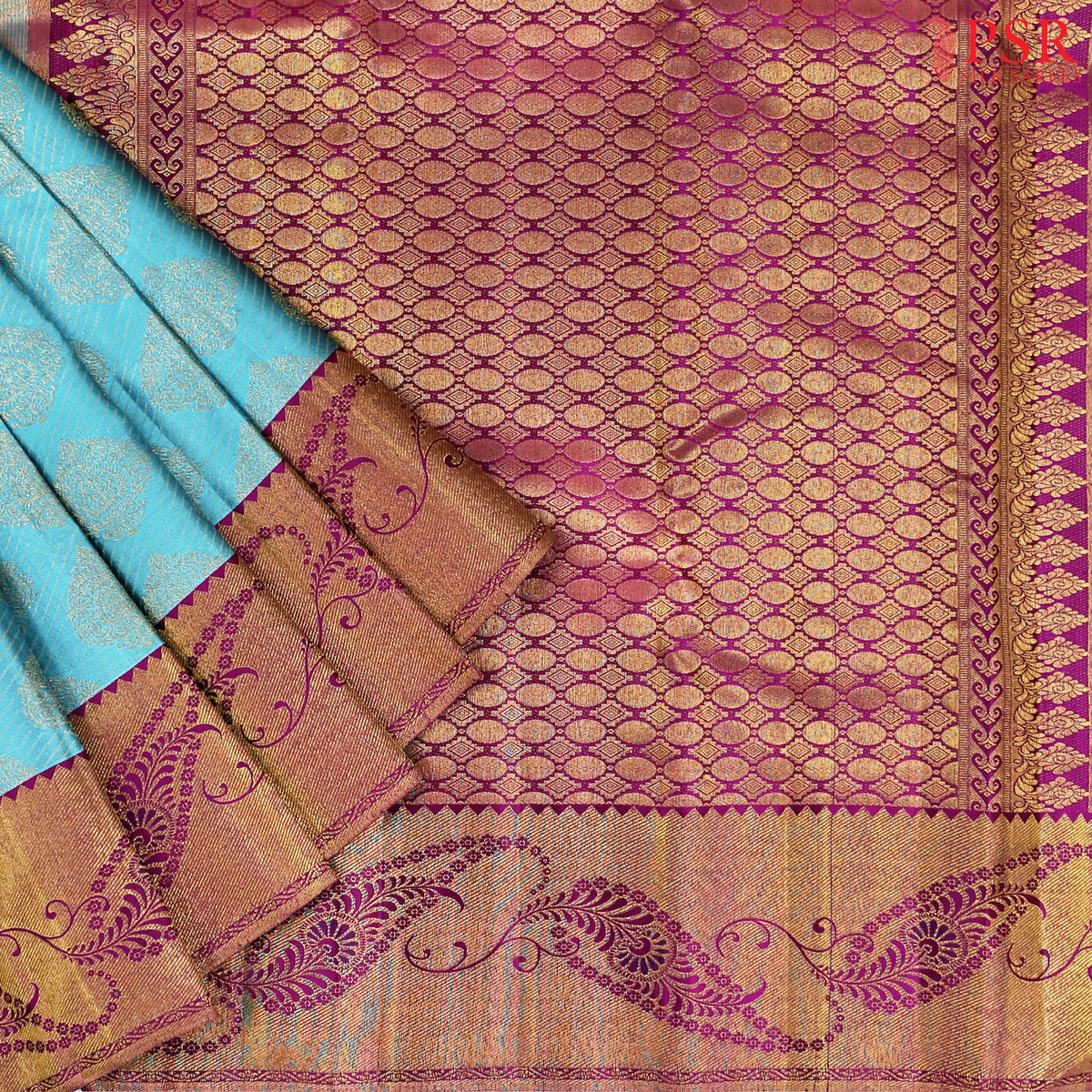 Light Peacock Blue Kanchipuram Jacquard Silk Saree