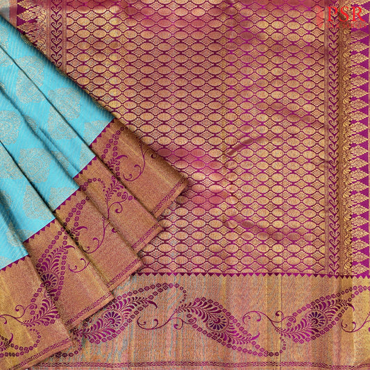 Light Peacock Blue Kanchipuram Jacquard Silk Saree
