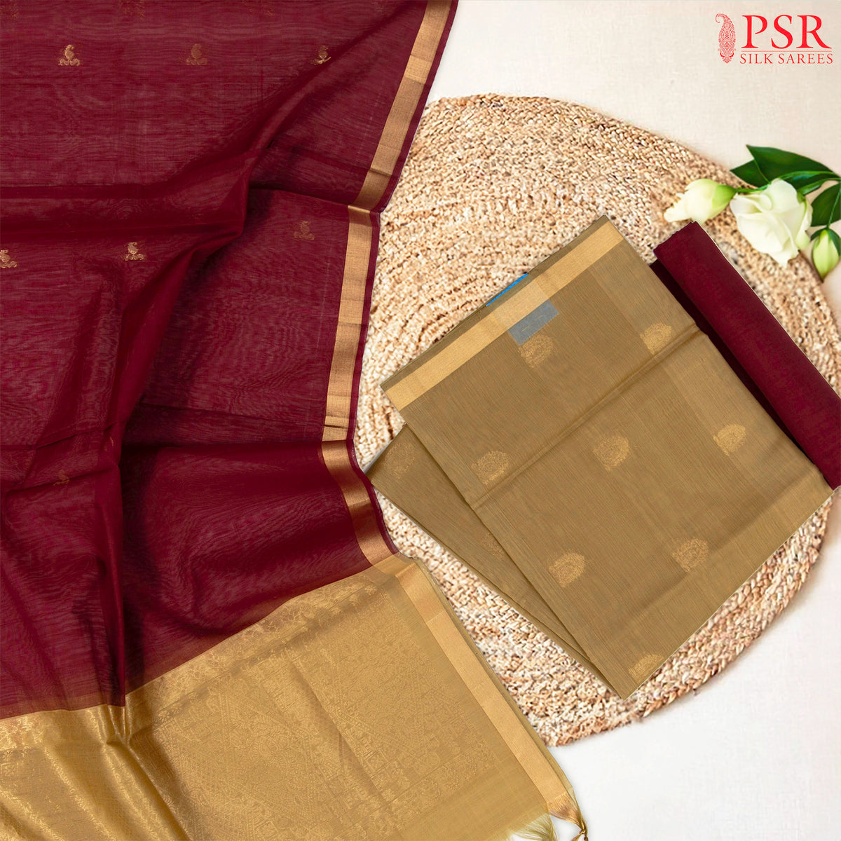 Chikoo Tan & Maroon Silk Cotton Dress Material