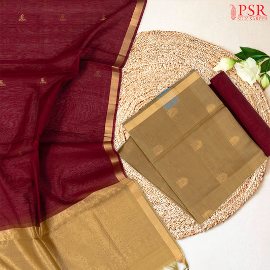 Chikoo Tan & Maroon Silk Cotton Dress Material