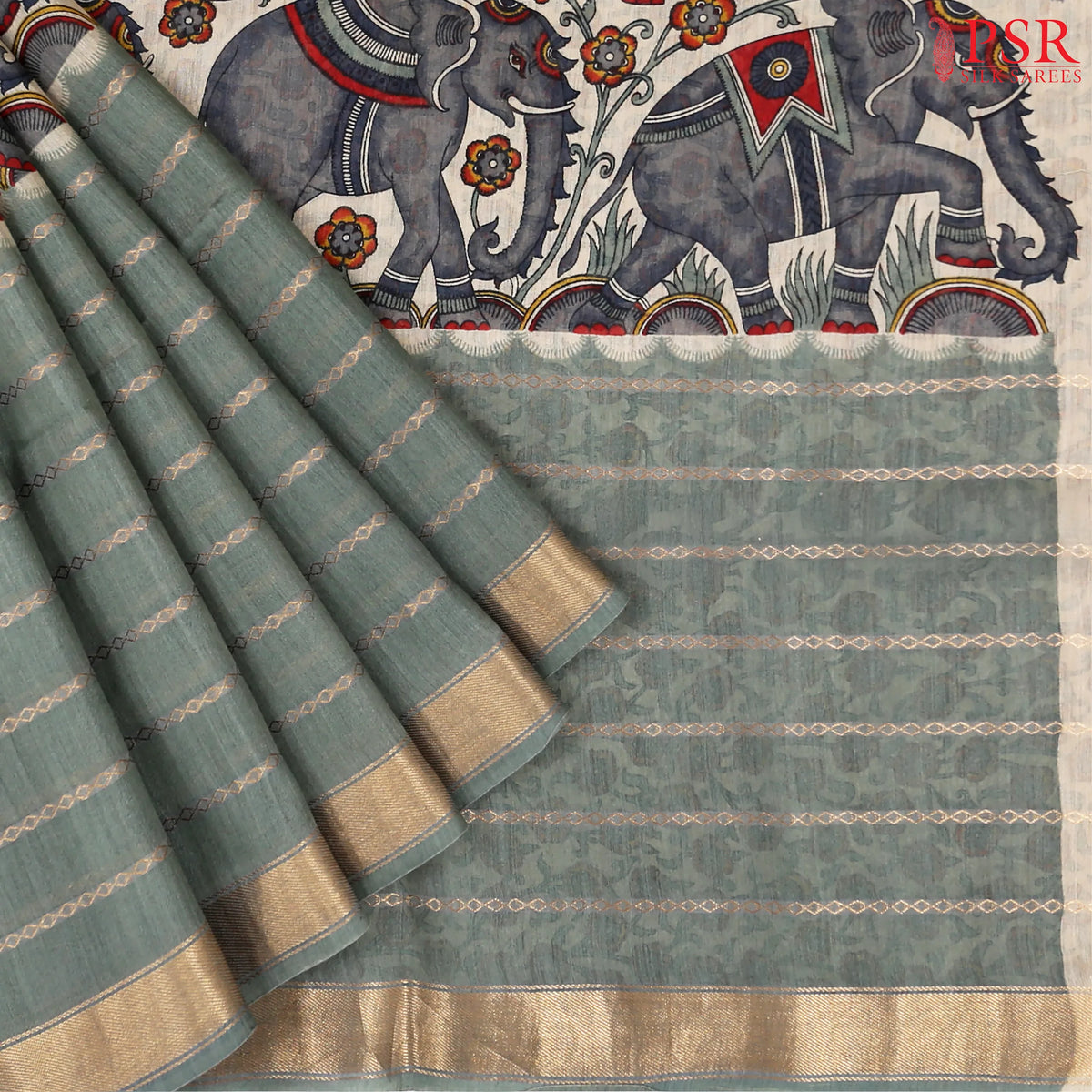 Beige & Viridian Kadhi Tussar Silk Saree
