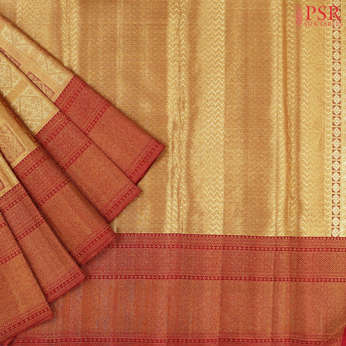 Old Gold & Dark Red Kanchipuram Jacquard Silk Saree