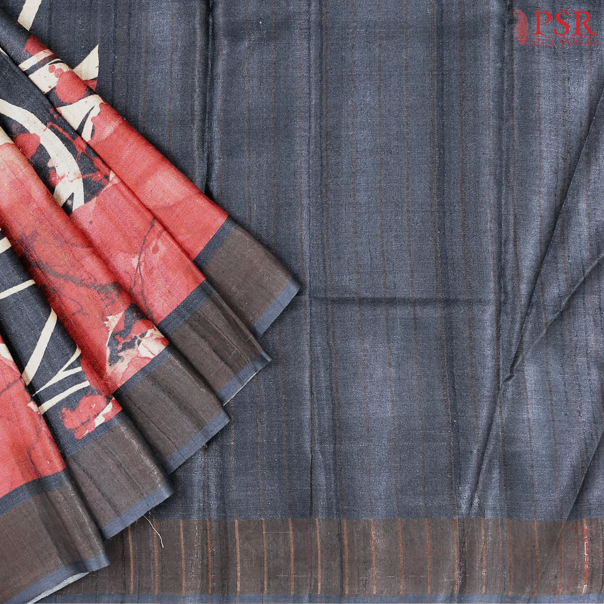 Dark Spruce Blue & Red Tussar Silk Saree