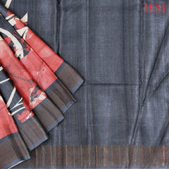 Dark Spruce Blue & Red Tussar Silk Saree