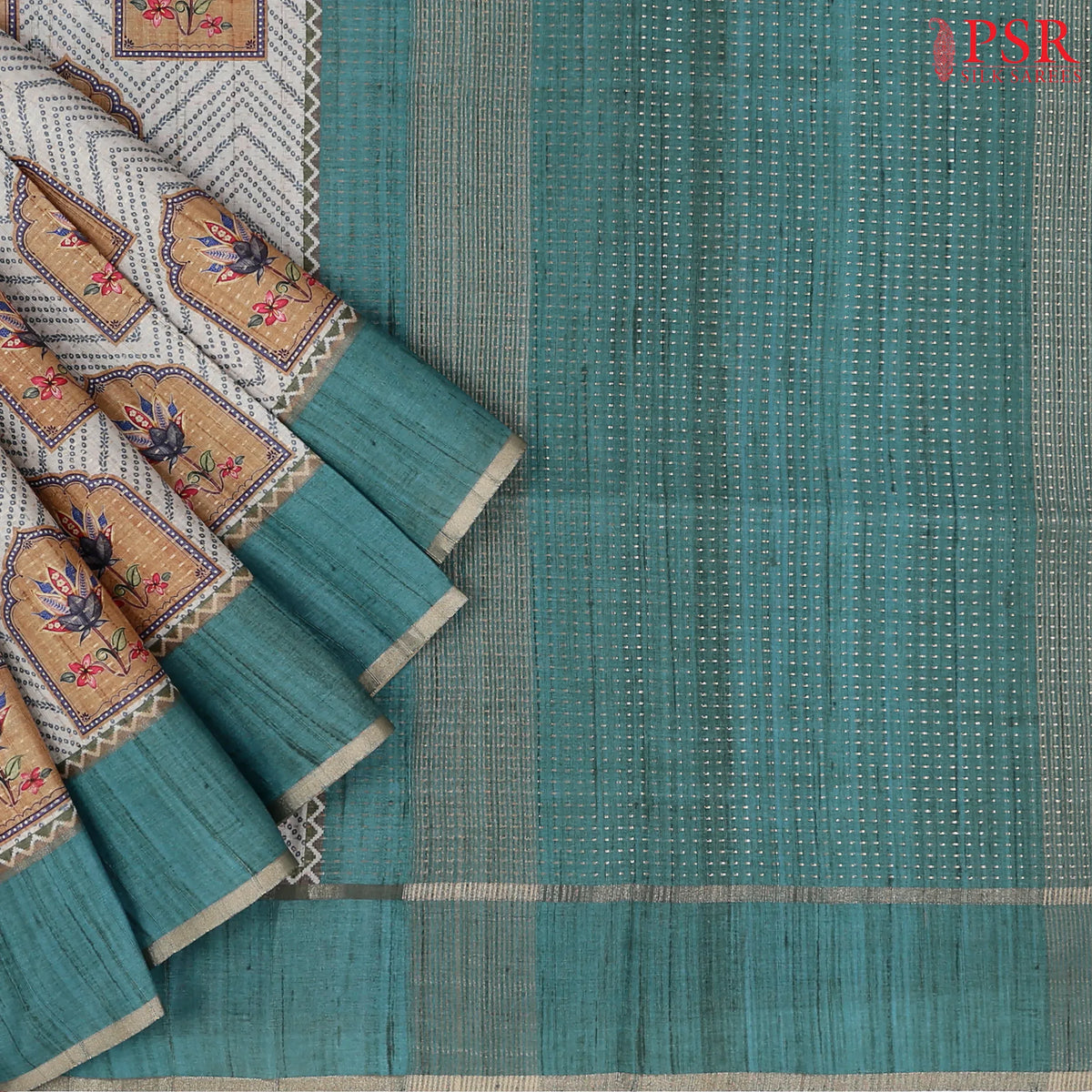 Teal Beige Semi Tussar Saree