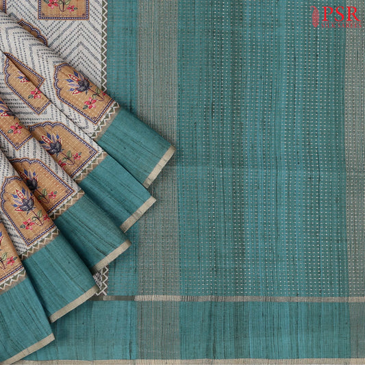 Teal Beige Semi Tussar Saree
