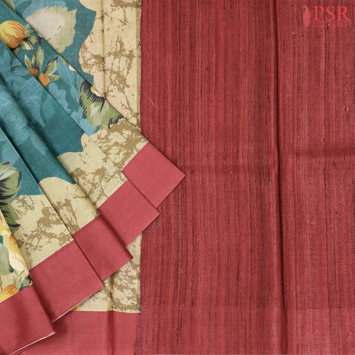 Teal Blue Tussar Silk Saree