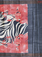 Dark Spruce Blue & Red Tussar Silk Saree