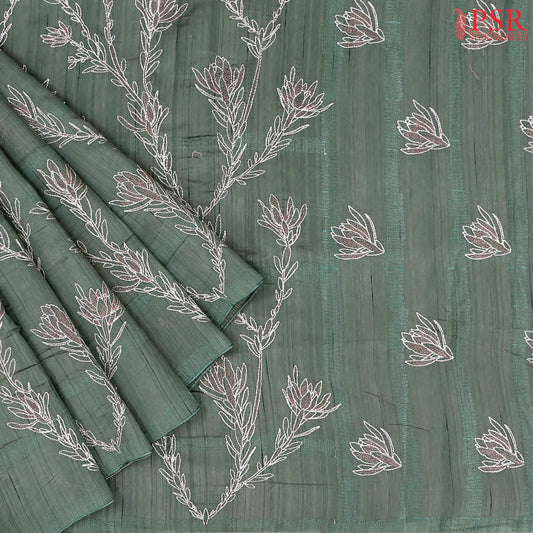 Grey Green Kosa Embroidery Saree