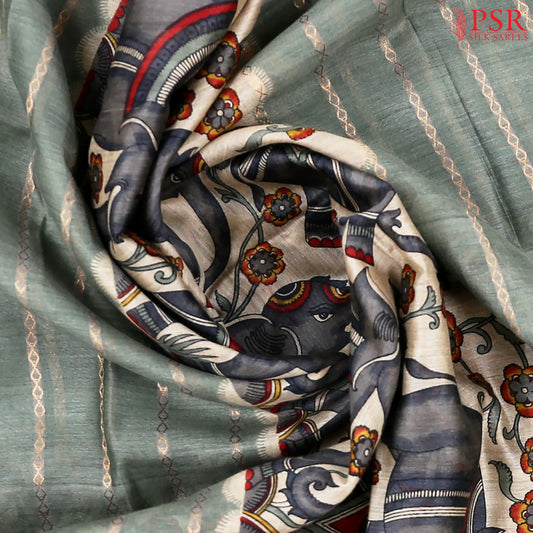 Beige & Viridian Kadhi Tussar Silk Saree