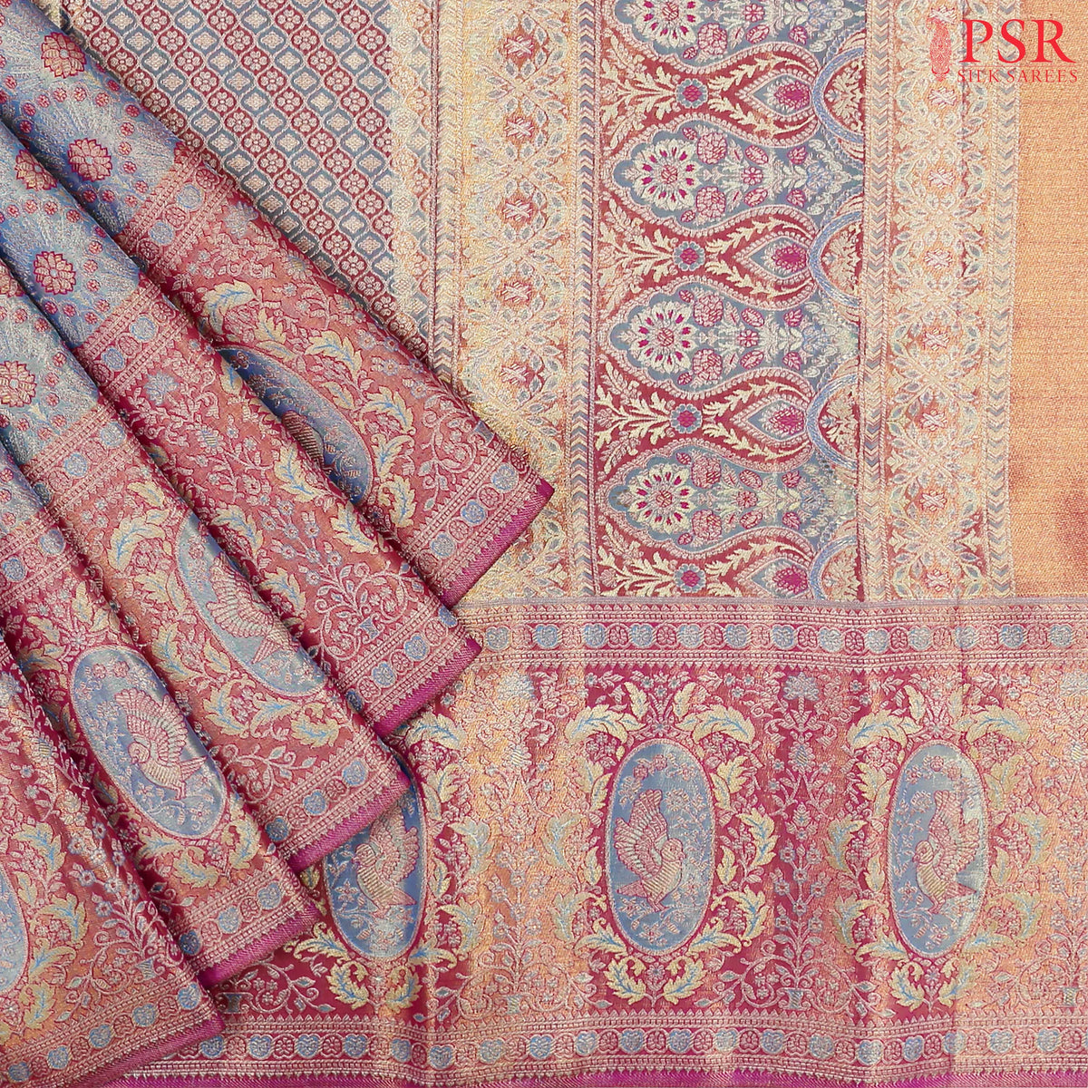 Light Steel Blue Kanchipuram Jacquard Tissue Silk Saree