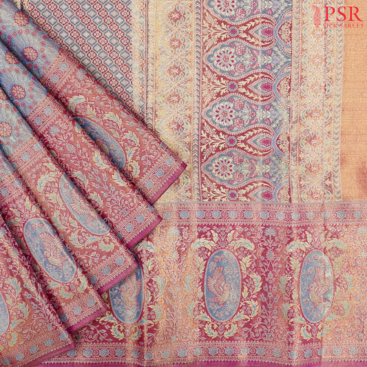 Light Steel Blue Kanchipuram Jacquard Tissue Silk Saree