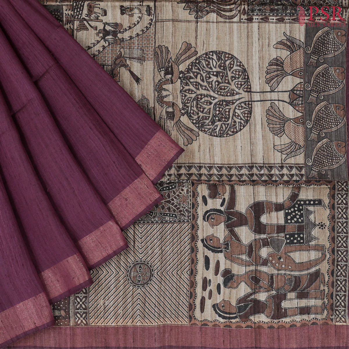 Burgundy Tussar Silk Saree