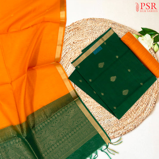 Dark Green & Marigold Yellow Silk Cotton Dress Material