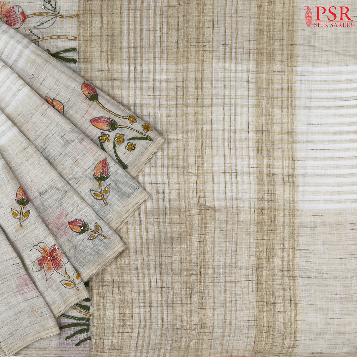 Floral Beige Linen Saree