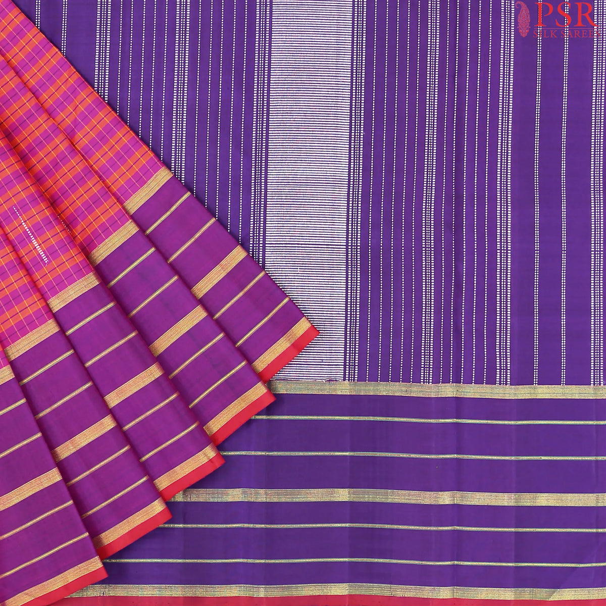 Saffron & Dark Magenta Kanchipuram Silk Saree