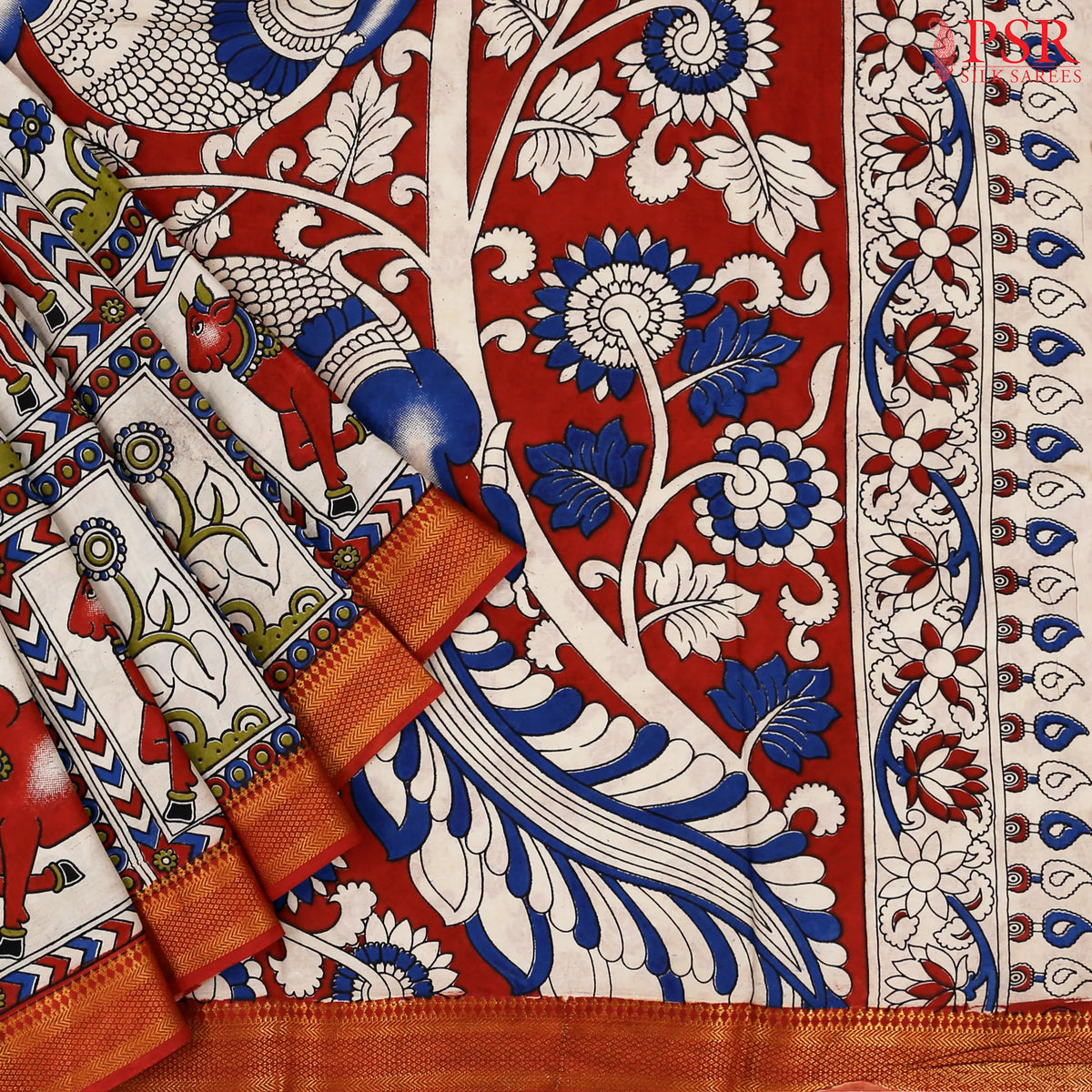 Antique Red & Beige Kalamkari Silk Saree