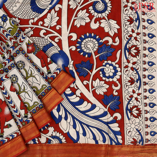 Antique Red & Beige Kalamkari Silk Saree