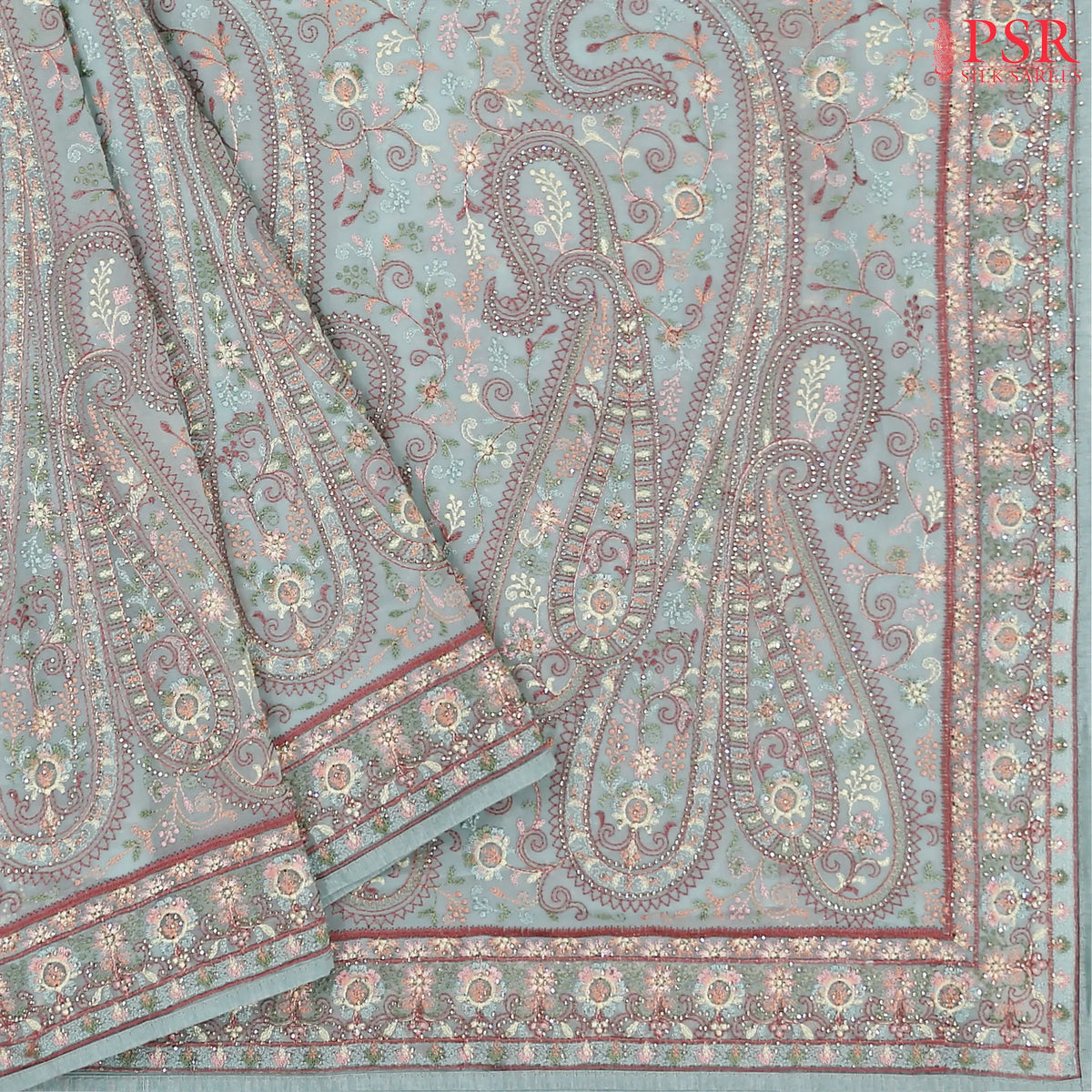 Pastel Blue Georgette Laser Embroidery Saree