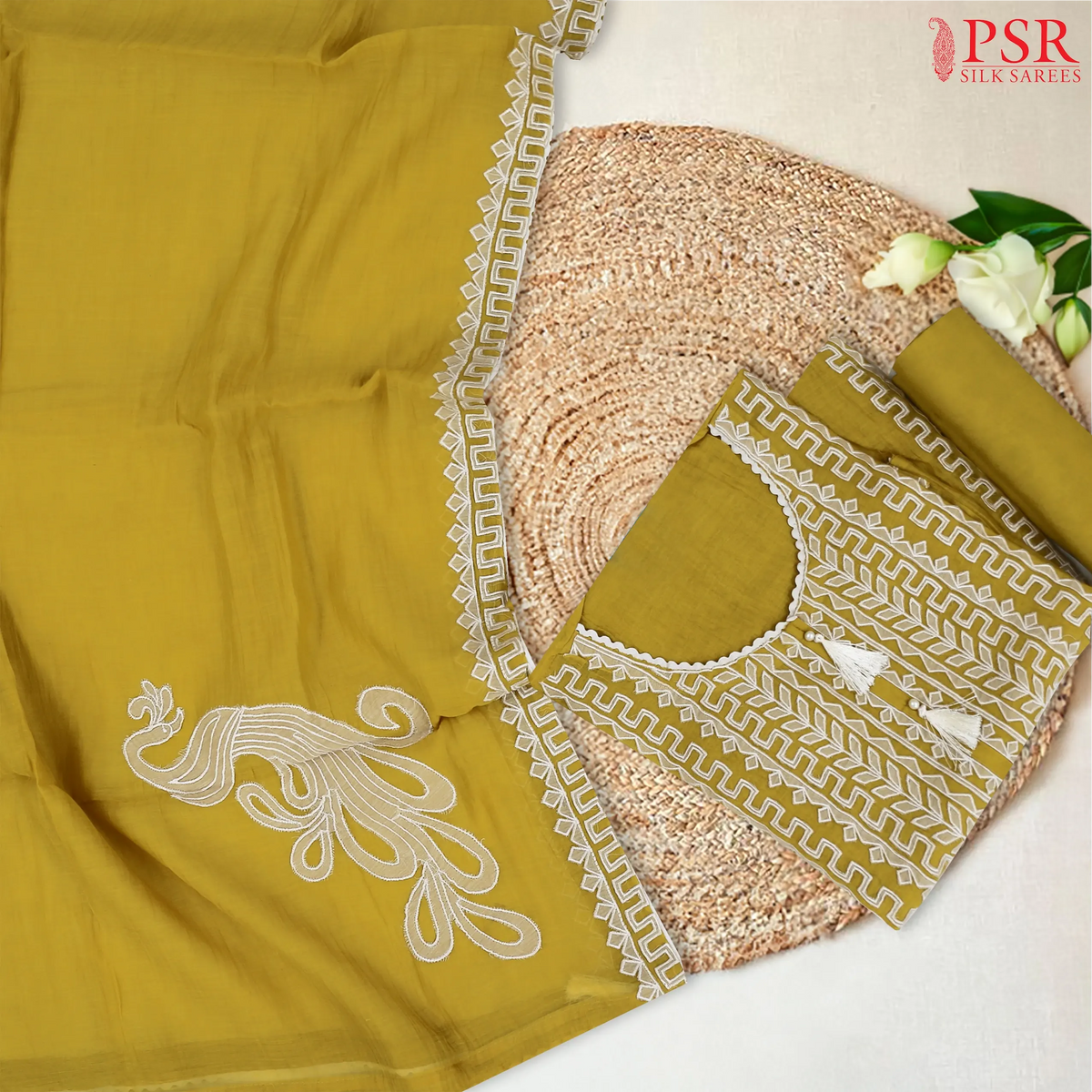 Olive Yellow Pure Silk Cotton Dress Material