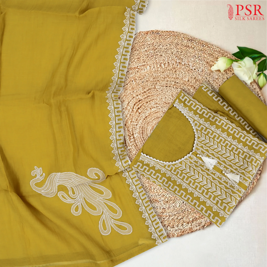 Olive Yellow Pure Silk Cotton Dress Material