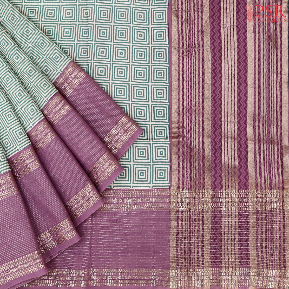 Off White & Turquoise Assam Saree