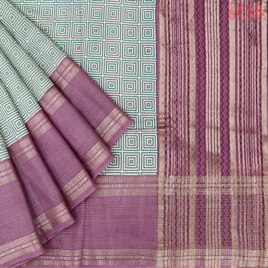 Off White & Turquoise Assam Saree