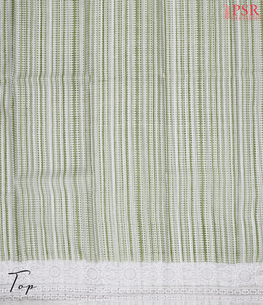 Floral White & Green Silk Cotton Dress Material