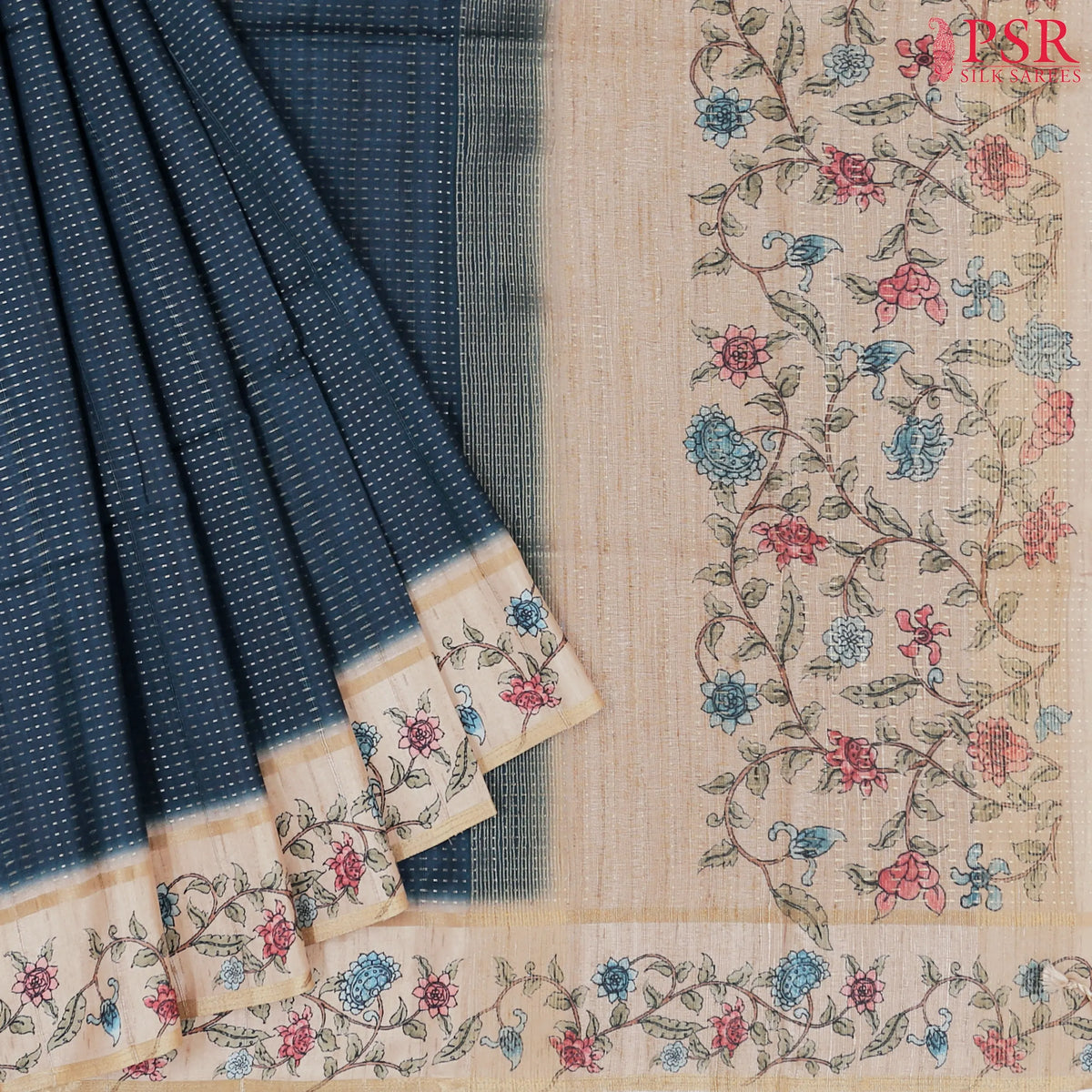 Dark Prussian Blue Semi Tussar Saree