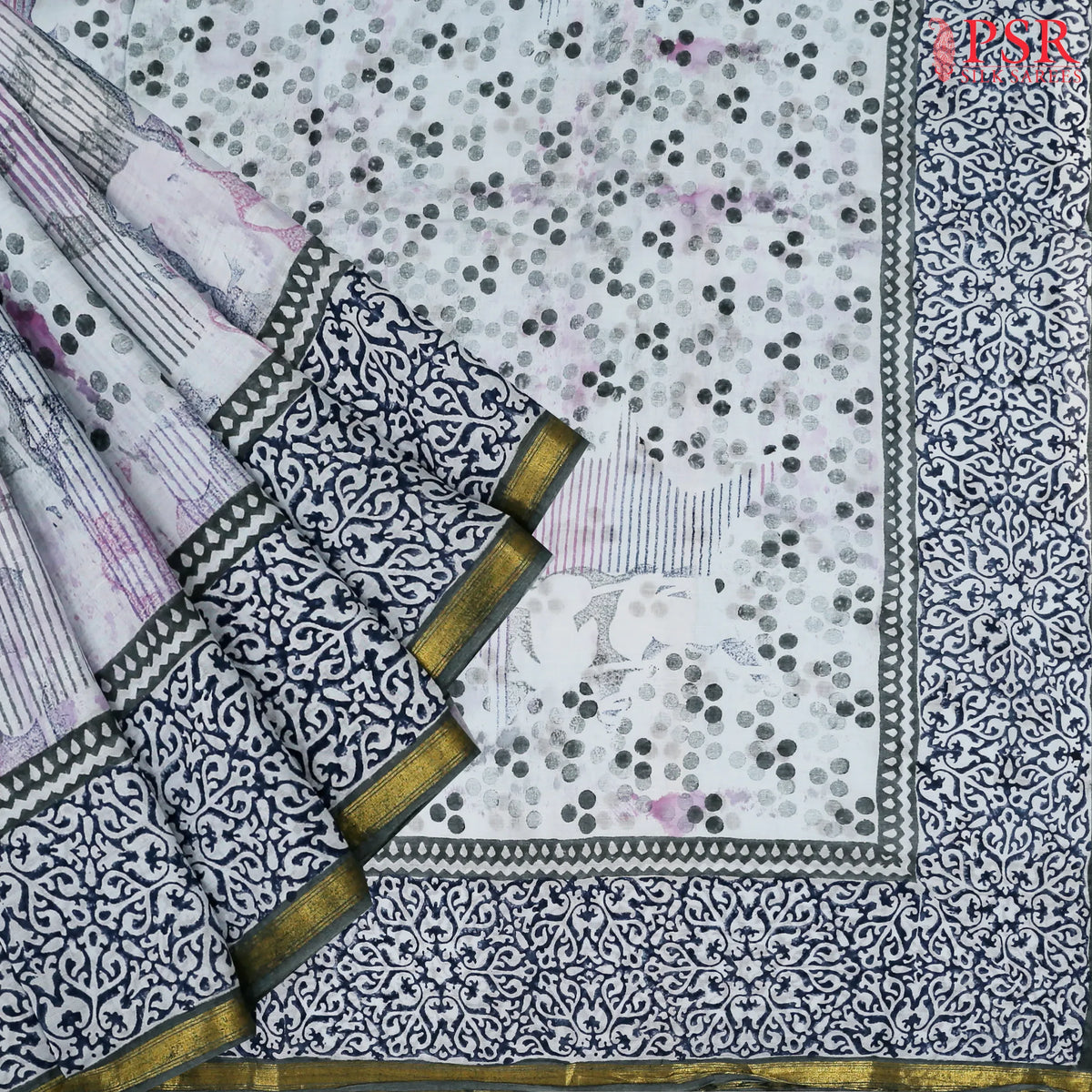 Light Steel Blue Mul Printed Cotton Saree