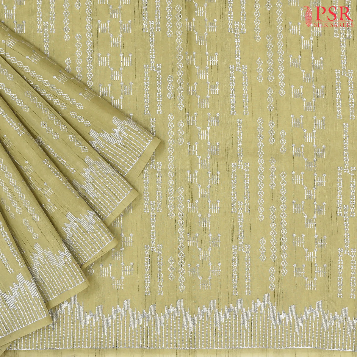Olive Yellow Semi Tussar Embroidery Saree