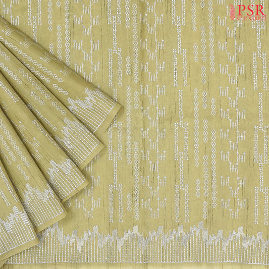 Olive Yellow Semi Tussar Embroidery Saree