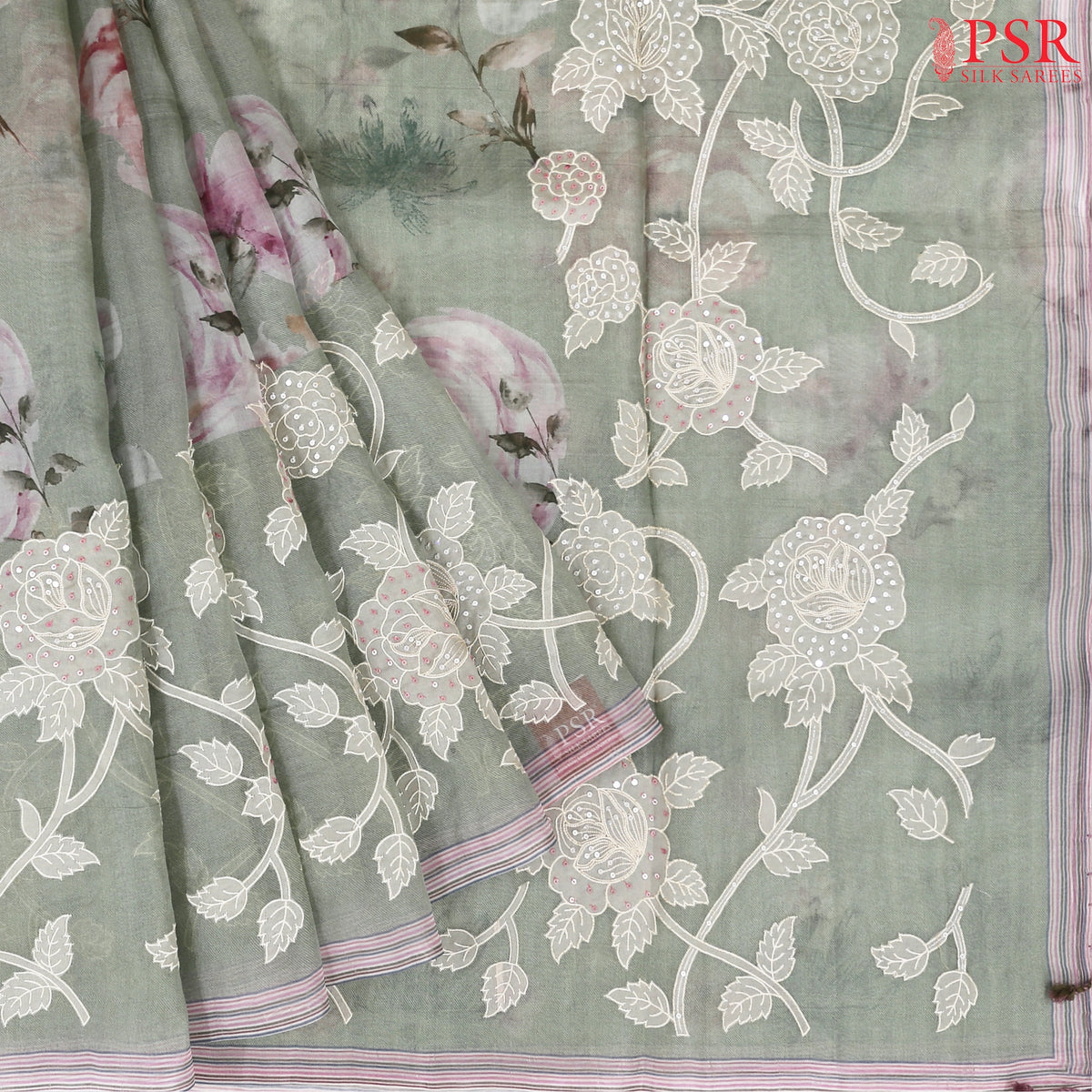 Laurel Green Pashmina Organza Embroidery Saree