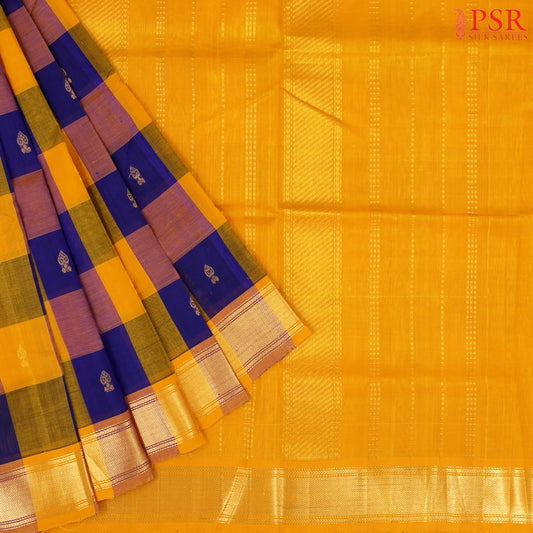 Yellow & Blue Cotton Silk Saree