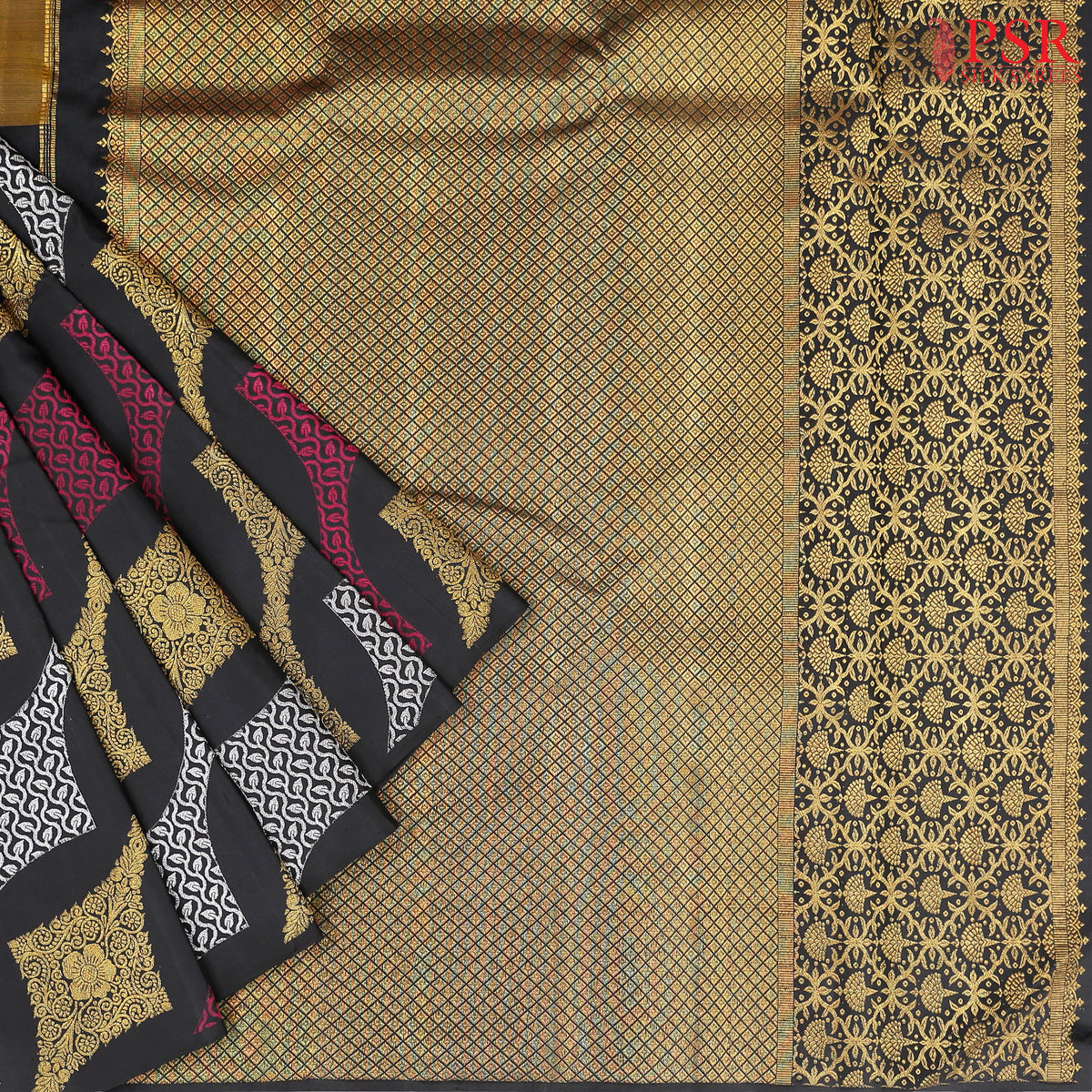 Amber Yellow & Black Kanchipuram Half & Half Silk Saree